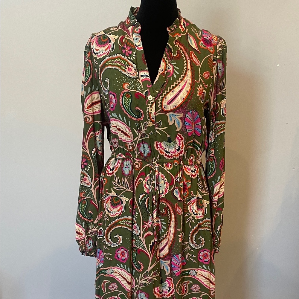 Olive Paisley Print Long Sleeve Drawstring Dress loft like new xs